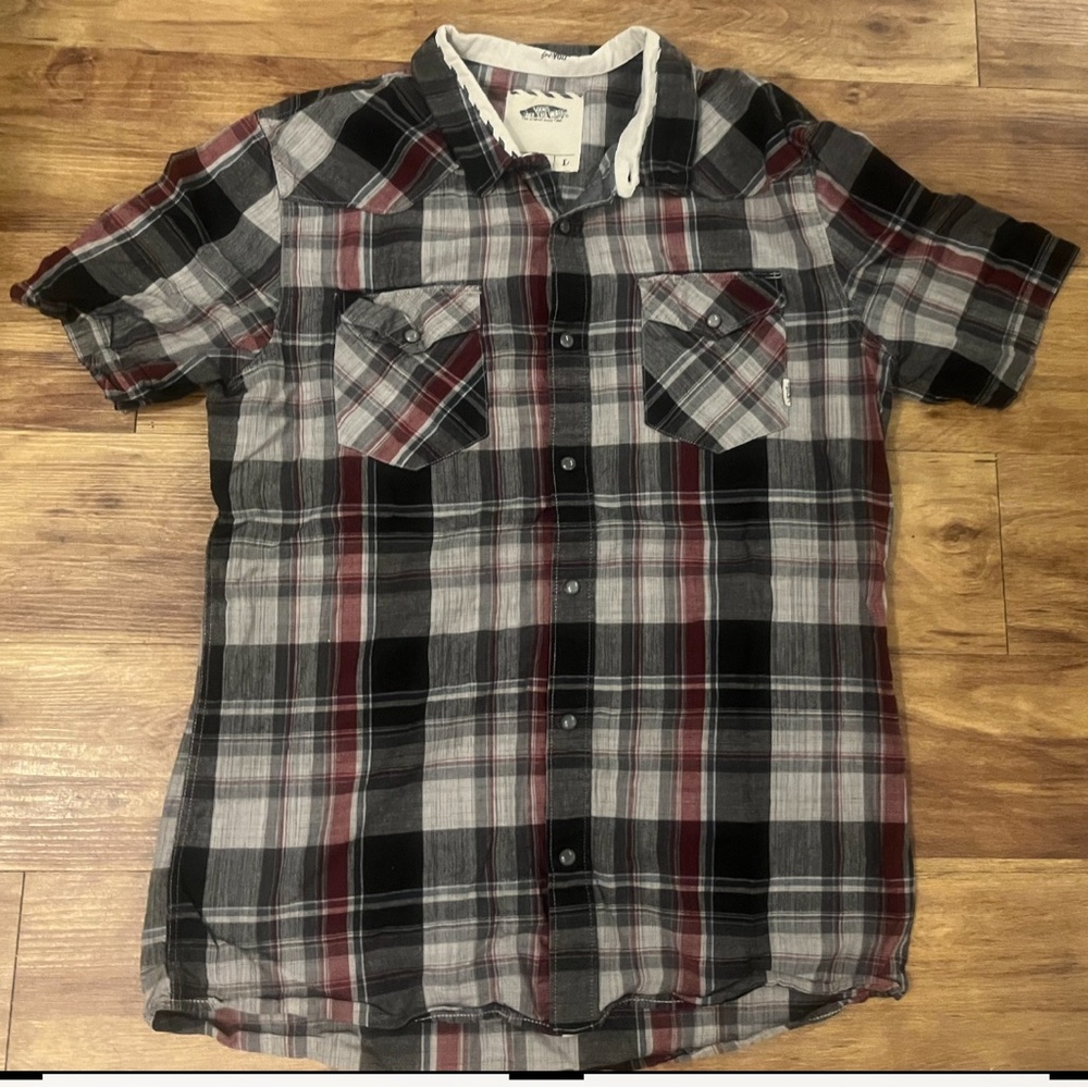 Men's Casual Plaid Button-Down Shirt - Grey & Red